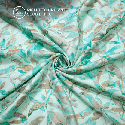 Light Blue Leaf Gold Foil Work Royal Slub Silk Fabric