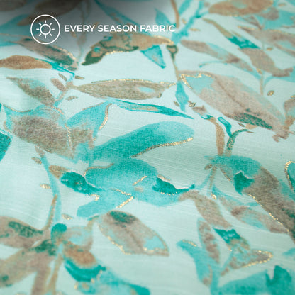 Light Blue Leaf Gold Foil Work Royal Slub Silk Fabric