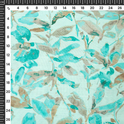 Light Blue Leaf Gold Foil Work Royal Slub Silk Fabric
