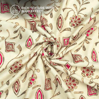 Off White Floral Gold Foil Work Royal Slub Silk Fabric