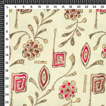Off White Floral Gold Foil Work Royal Slub Silk Fabric