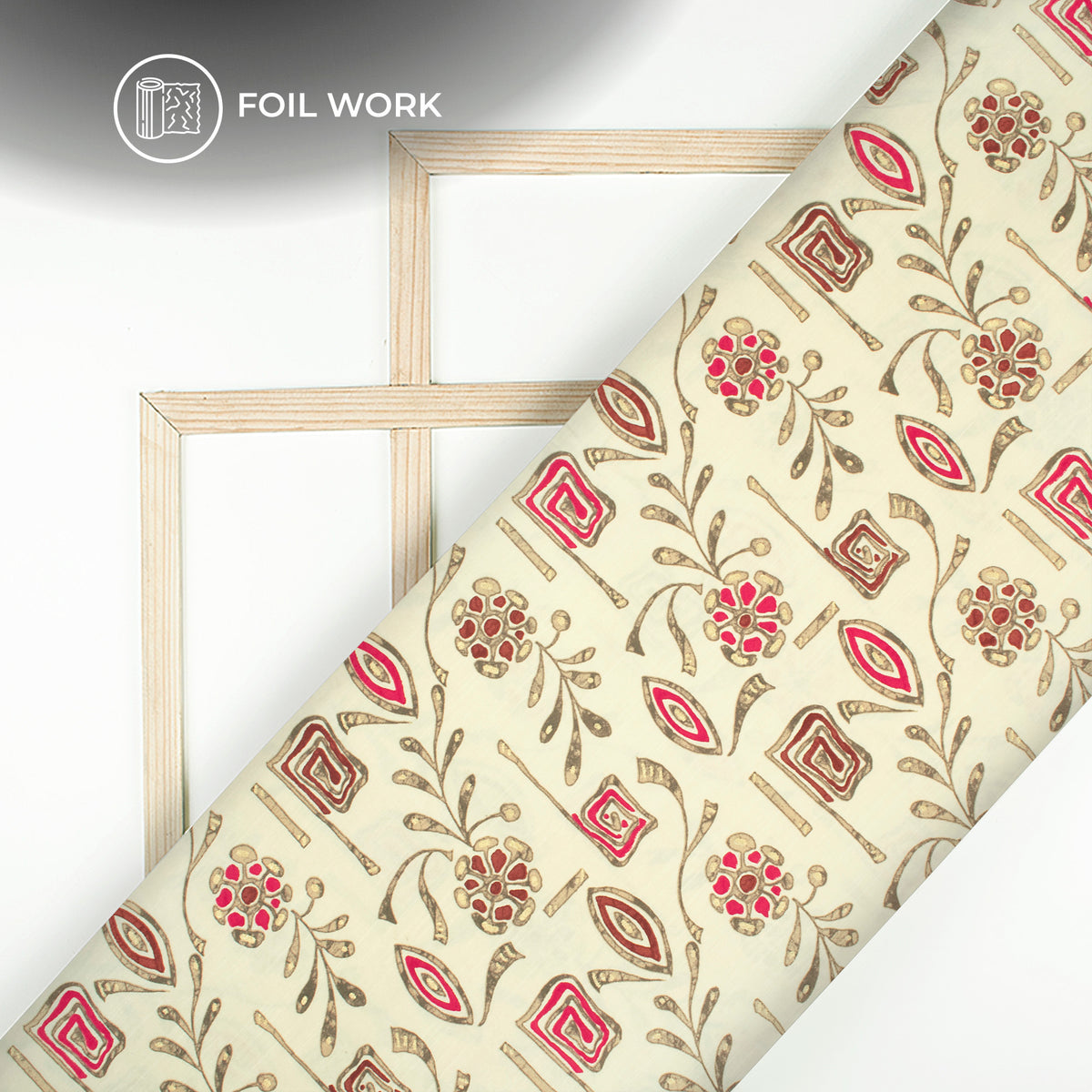 Off White Floral Gold Foil Work Royal Slub Silk Fabric