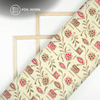Off White Floral Gold Foil Work Royal Slub Silk Fabric
