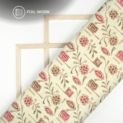 Off White Floral Gold Foil Work Royal Slub Silk Fabric