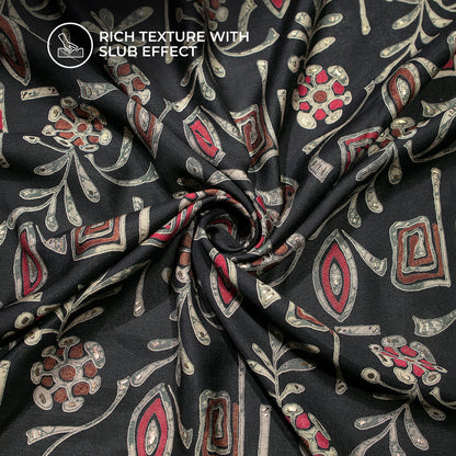 Dark Brown Floral Gold Foil Work Royal Slub Silk Fabric