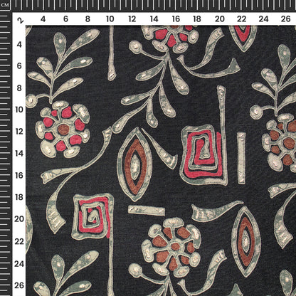 Dark Brown Floral Gold Foil Work Royal Slub Silk Fabric