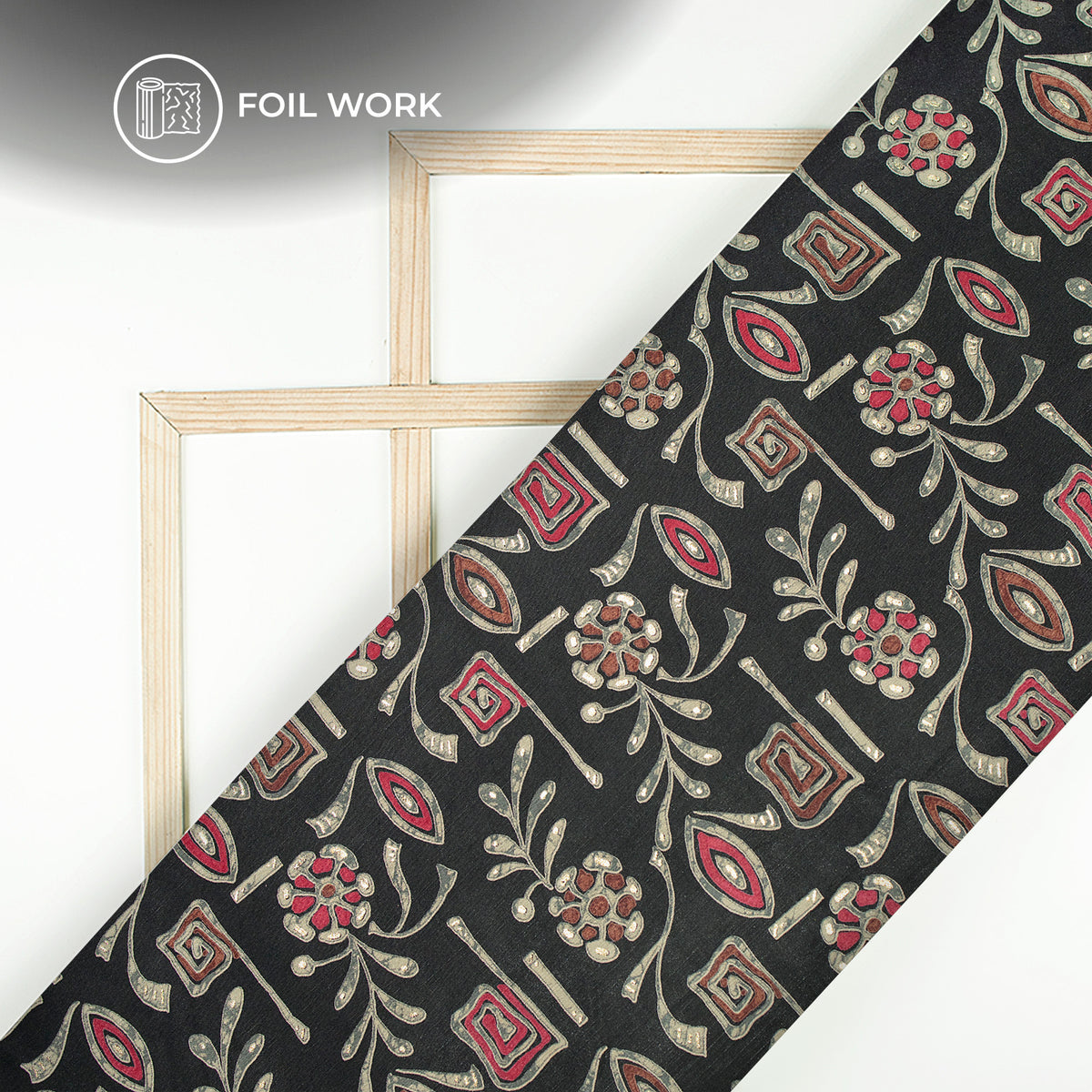 Dark Brown Floral Gold Foil Work Royal Slub Silk Fabric