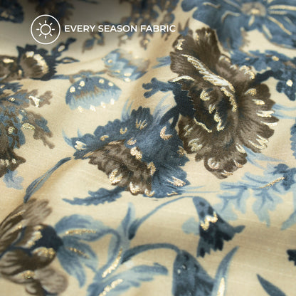 Cloud Grey Floral Gold Foil Work Royal Slub Silk Fabric