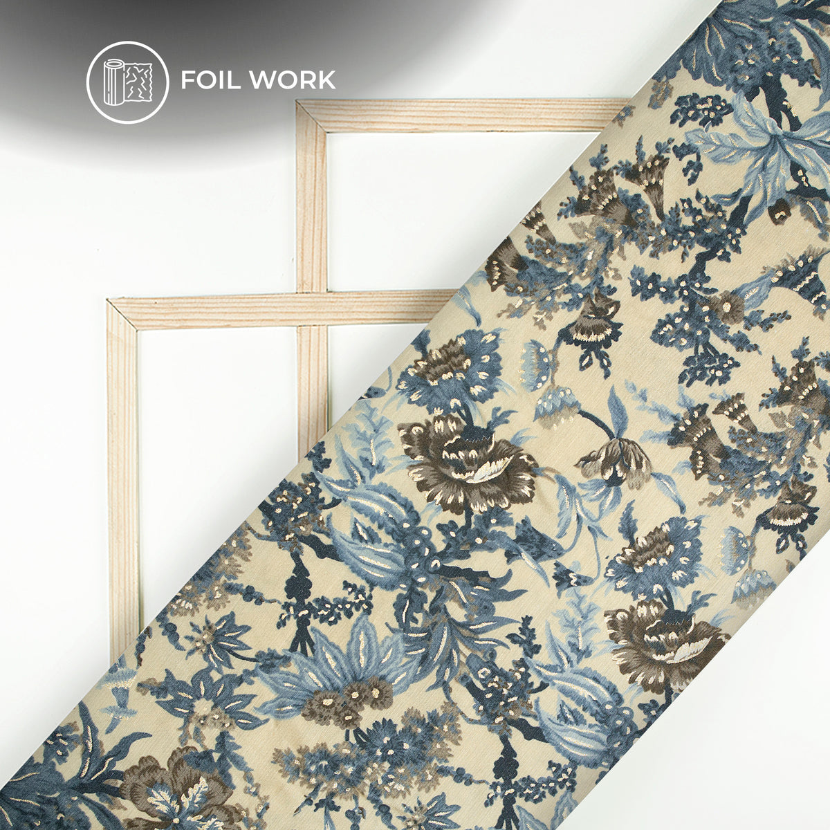 Cloud Grey Floral Gold Foil Work Royal Slub Silk Fabric