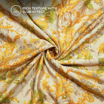 Medallion Yellow Floral Gold Foil Work Royal Slub Silk Fabric