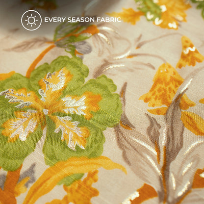Medallion Yellow Floral Gold Foil Work Royal Slub Silk Fabric