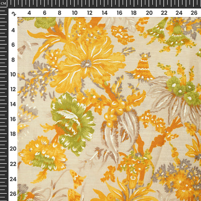 Medallion Yellow Floral Gold Foil Work Royal Slub Silk Fabric