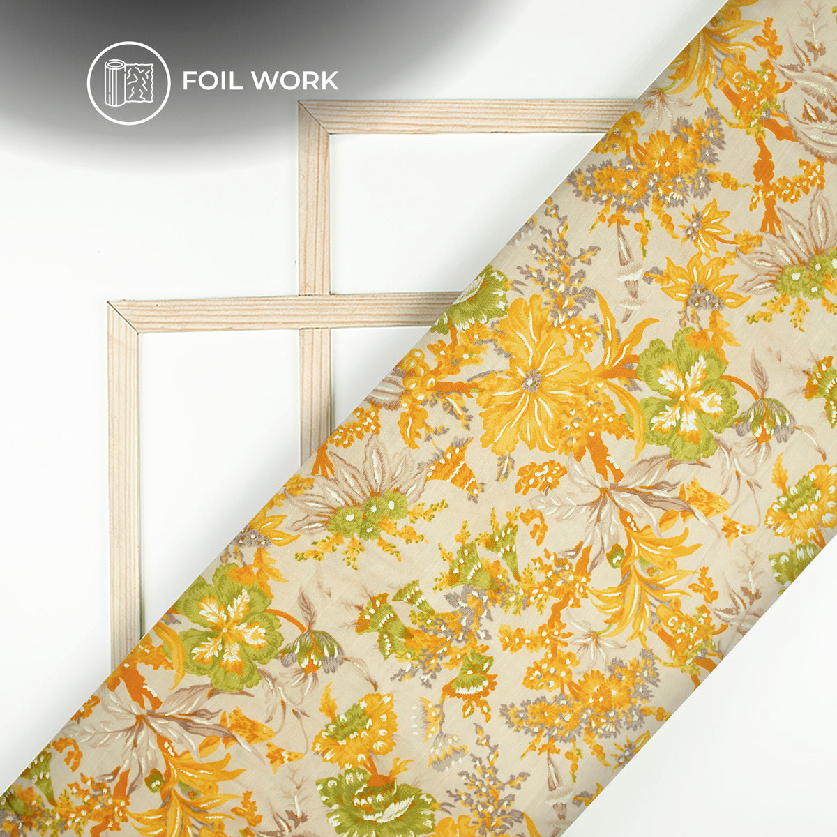 Medallion Yellow Floral Gold Foil Work Royal Slub Silk Fabric