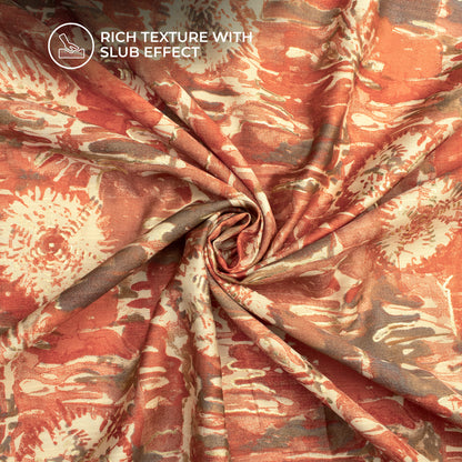 Vermillion Orange Floral Gold Foil Work Royal Slub Silk Fabric