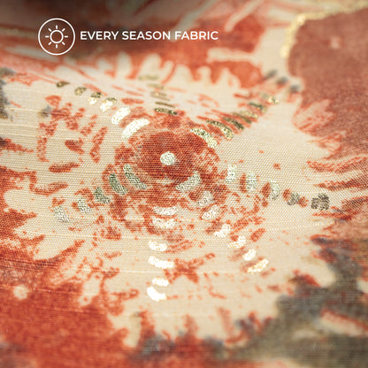 Vermillion Orange Floral Gold Foil Work Royal Slub Silk Fabric