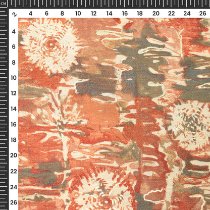 Vermillion Orange Floral Gold Foil Work Royal Slub Silk Fabric