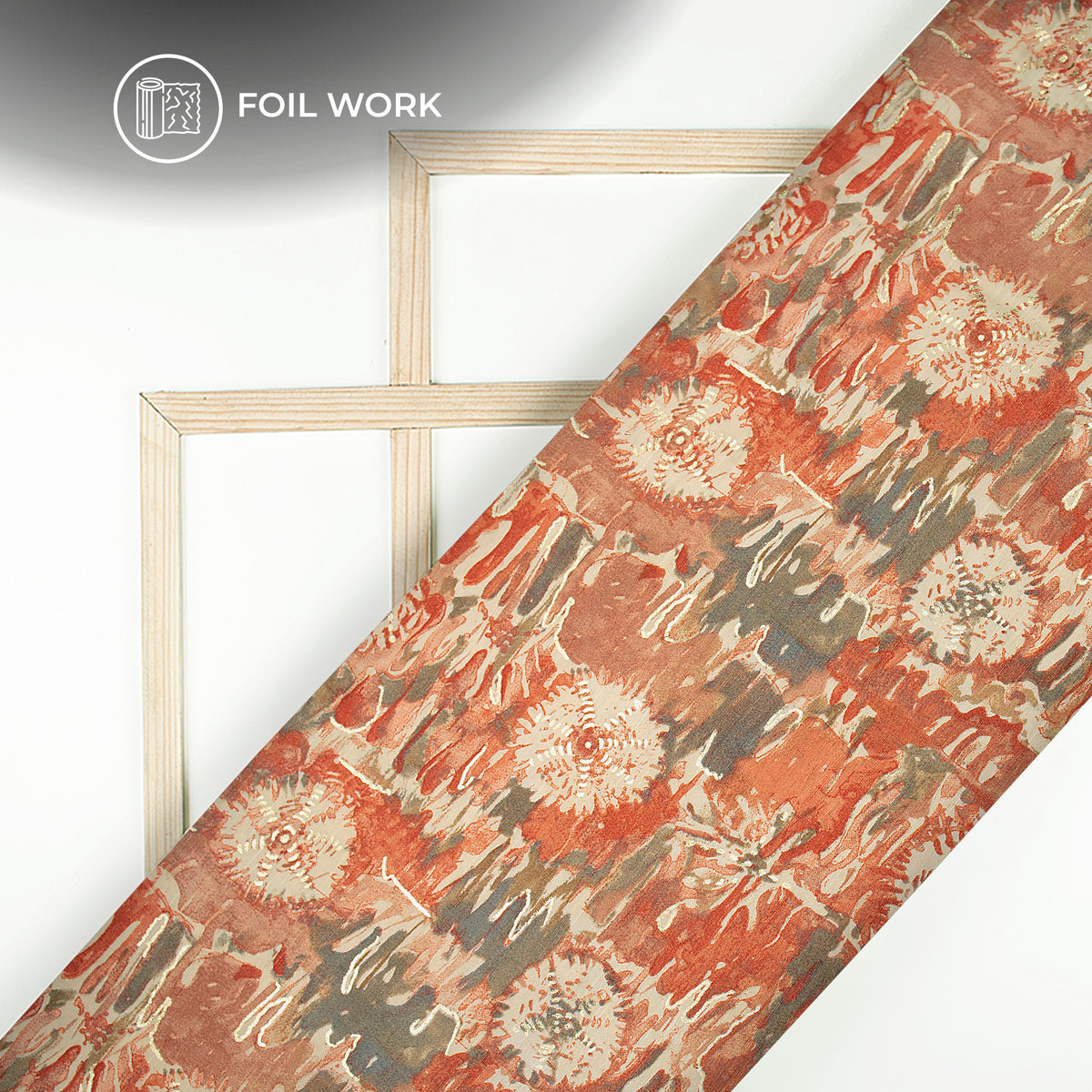 Vermillion Orange Floral Gold Foil Work Royal Slub Silk Fabric