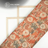 Vermillion Orange Floral Gold Foil Work Royal Slub Silk Fabric