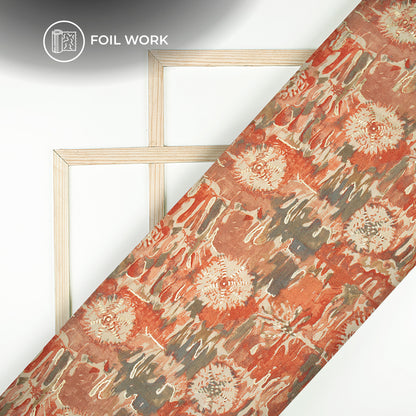 Vermillion Orange Floral Gold Foil Work Royal Slub Silk Fabric