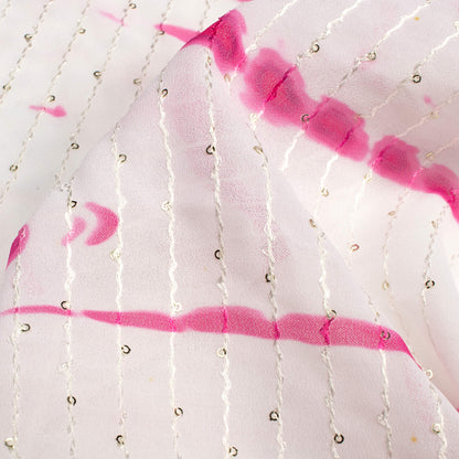 Hot Pink And White Shiiborii  Digital Print Premium Sequins Georgette Fabric