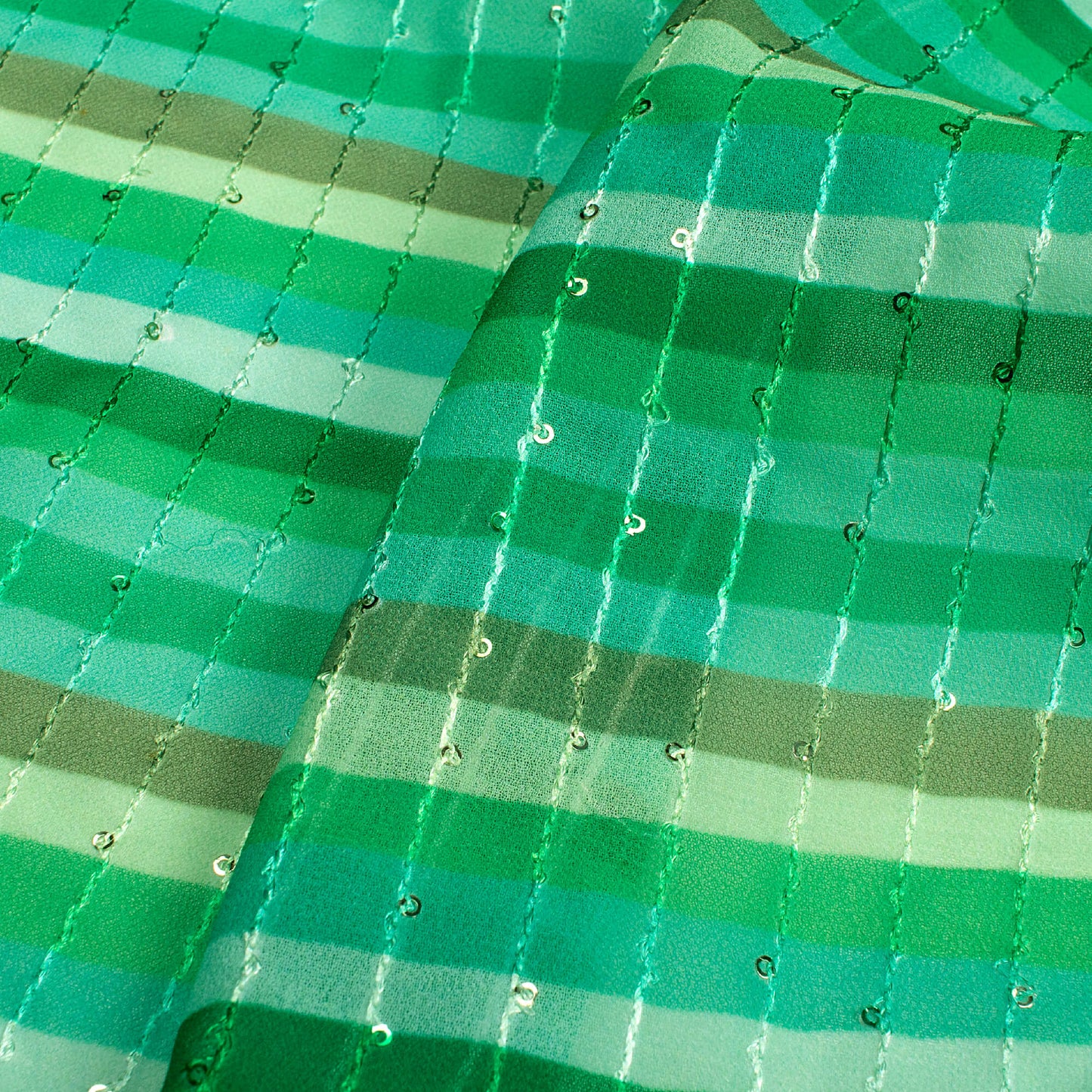 Green Stripes  Digital Print Premium Sequins Georgette Fabric