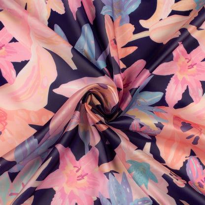 Navy Blue And Pink Floral Digital Print Organza Satin Fabric