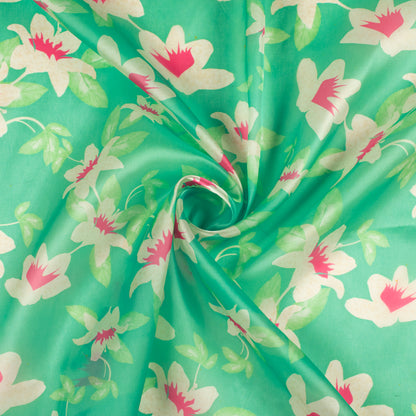 Emerald Green And Pink Floral Digital Print Organza Satin Fabric
