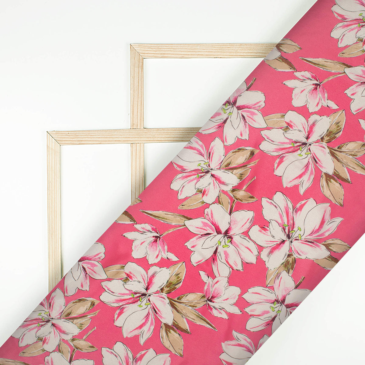 Hot Pink And White Floral Digital Print Crepe Silk Fabric