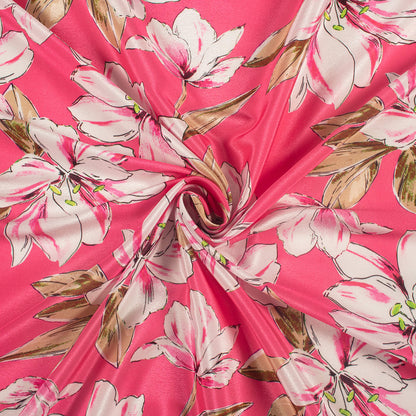 Hot Pink And White Floral Digital Print Crepe Silk Fabric