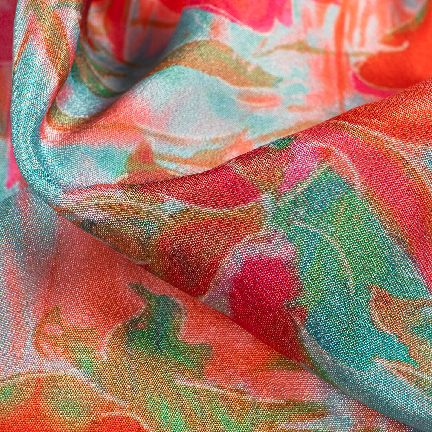 Sea Blue And Pink Floral Digital Print Crepe Silk Fabric
