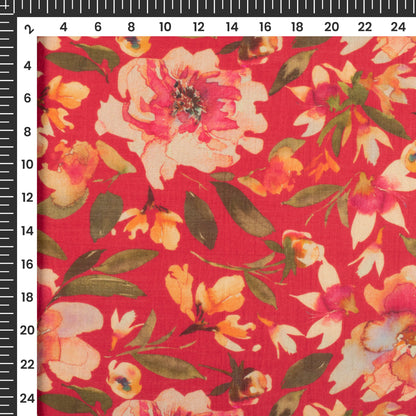 Trendy Red Floral Digital Print Viscose Muslin Fabric