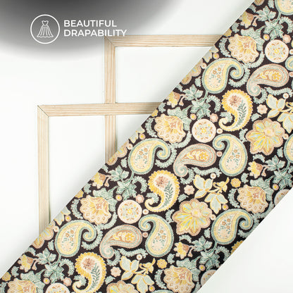 Macaroom Yellow Paisley Digital Print Charmeuse Satin Fabric (Width 58 Inches)