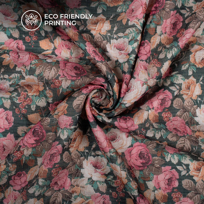 Hot Pink Floral Digital Print Kota Doria Fabric