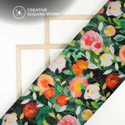 Joyful Floral Digital Print Superior Sequins Velvet Fabric (Width 58 Inches)
