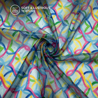 Sky Blue Geometric Digital Print Premium Swarovski Handwork Liquid Organza Fabric