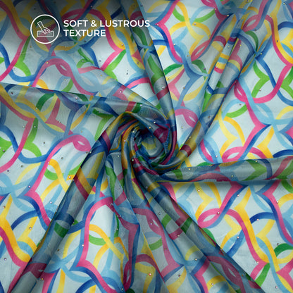 Sky Blue Geometric Digital Print Premium Swarovski Handwork Liquid Organza Fabric