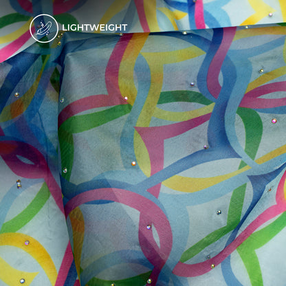Sky Blue Geometric Digital Print Premium Swarovski Handwork Liquid Organza Fabric