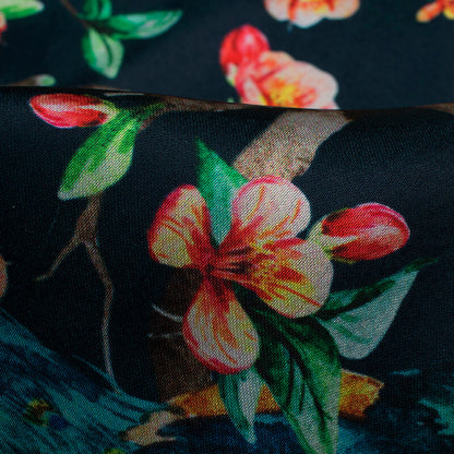 Black And Blue Peacock Pattern Digital Print Japan Satin Fabric