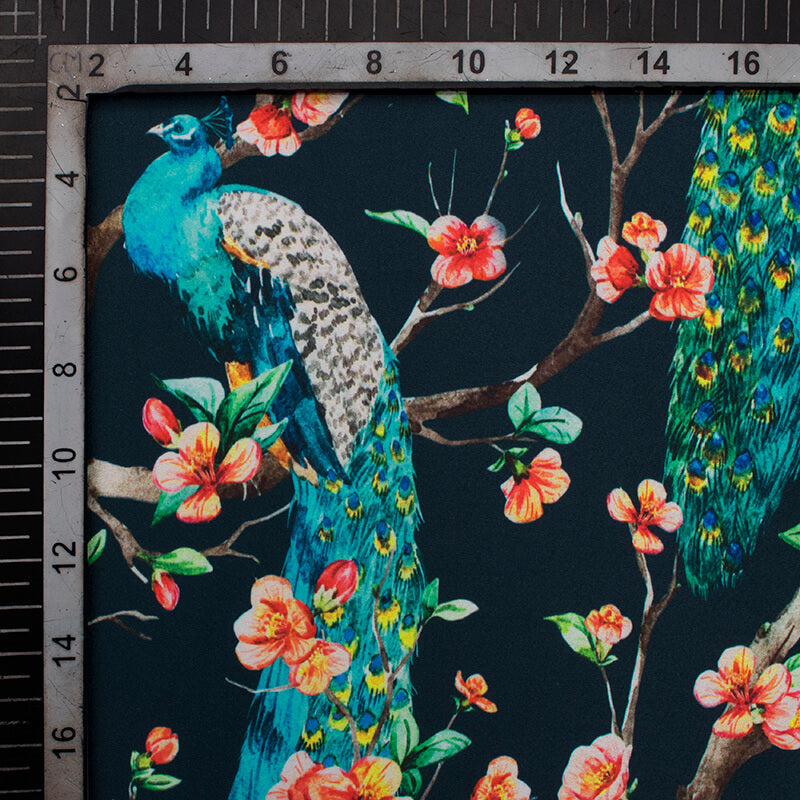 Black And Blue Peacock Pattern Digital Print Japan Satin Fabric