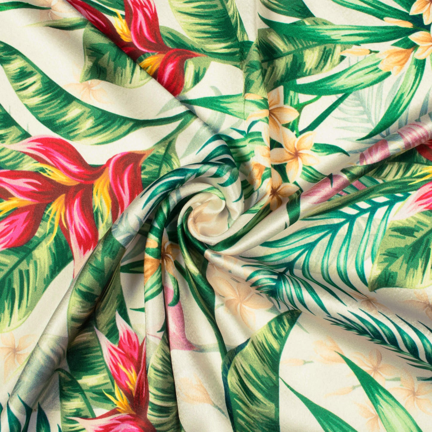 Oyster White And Green Tropical Pattern Digital Print Japan Satin Fabric