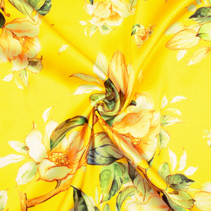 Bumblebee Yellow And Green Floral Pattern Digital Print Japan Satin Fabric