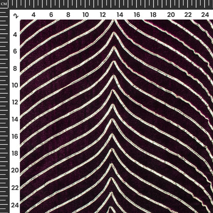 Luxurious Golden Zari Chevron Embroidery On Wine Purple Velvet Fabric