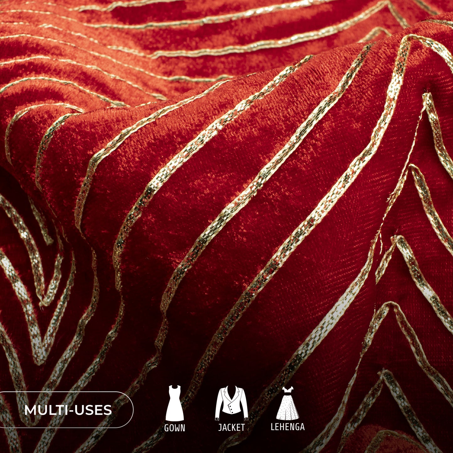 Luxurious Golden Zari Chevron Embroidery On Red Velvet Fabric