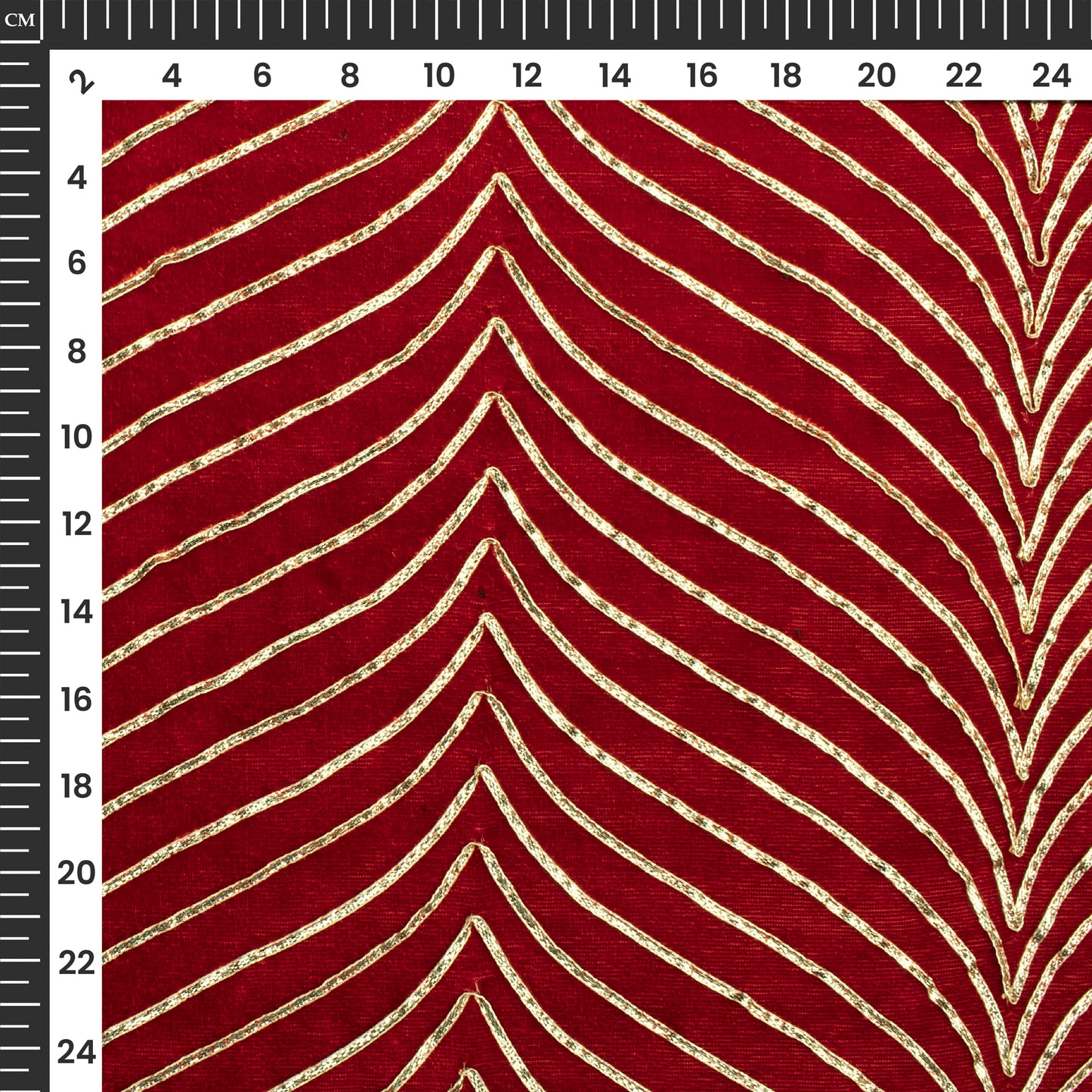 Luxurious Golden Zari Chevron Embroidery On Red Velvet Fabric