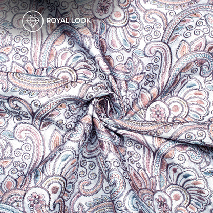 Exclusive Peach Thread With Gold Sequins Paisley Chain Work Embroidery Fabric