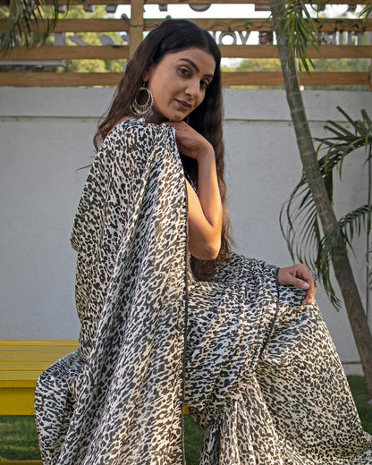 Black And Cream Animal Pattern Digital Print Georgette Satin Pre-Draped Saree With Lace Border