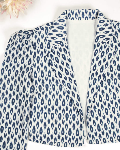 Blue Ikkat Printed Puff Sleeve Jacket