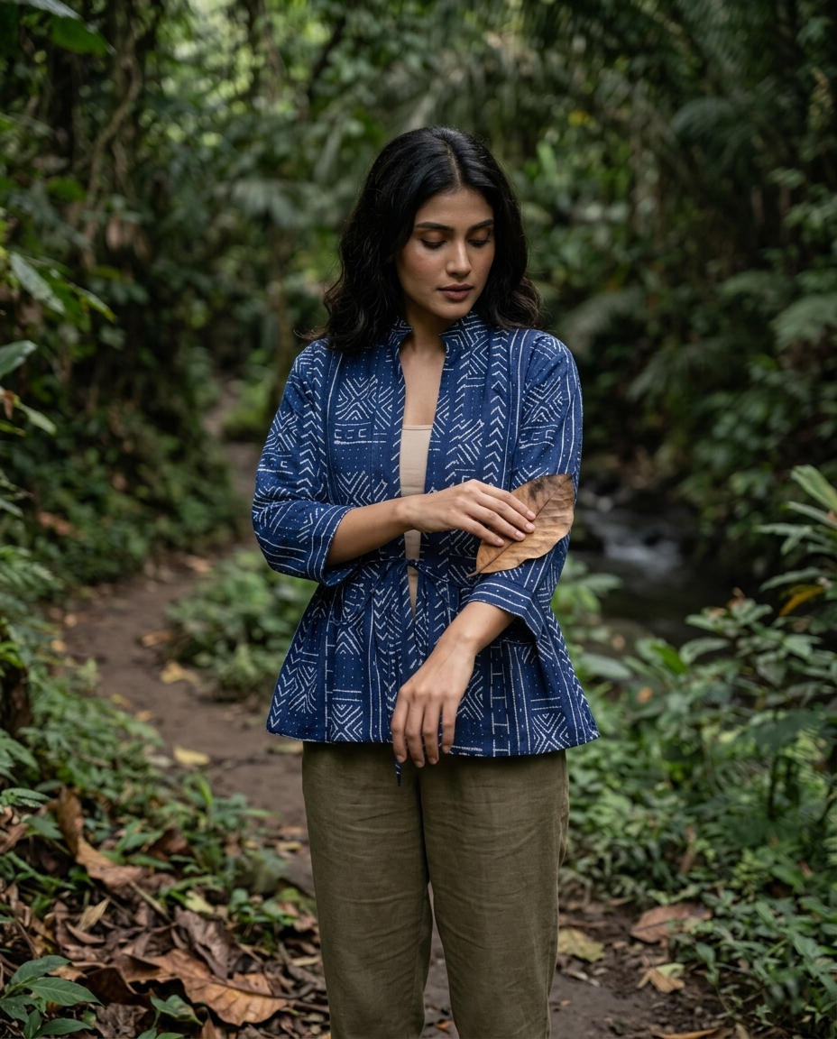 Navy Blue Geomatric Frill Jacket For Women