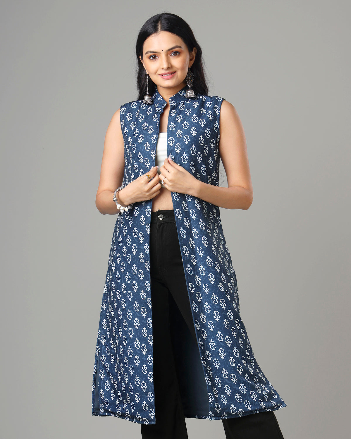 Trendy Quirky Indiigo Long Jacket For Woman