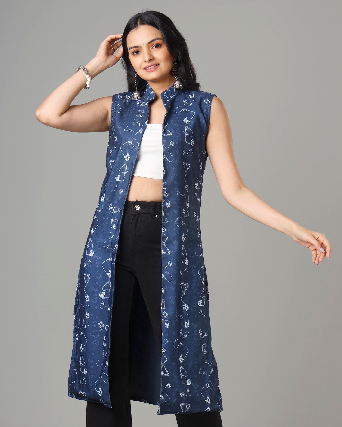 Trendy Quirky Indigo Long Jacket For Woman